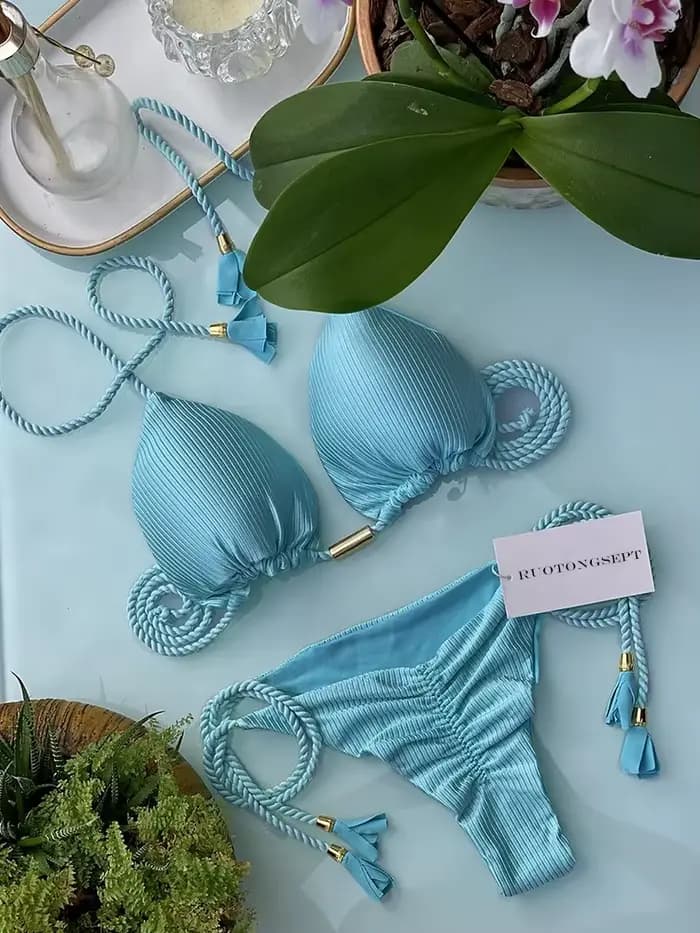 Maillot de bain à bandes ajustables pour femmes, ensemble deux pièces, sexy, couleur solide, triangl