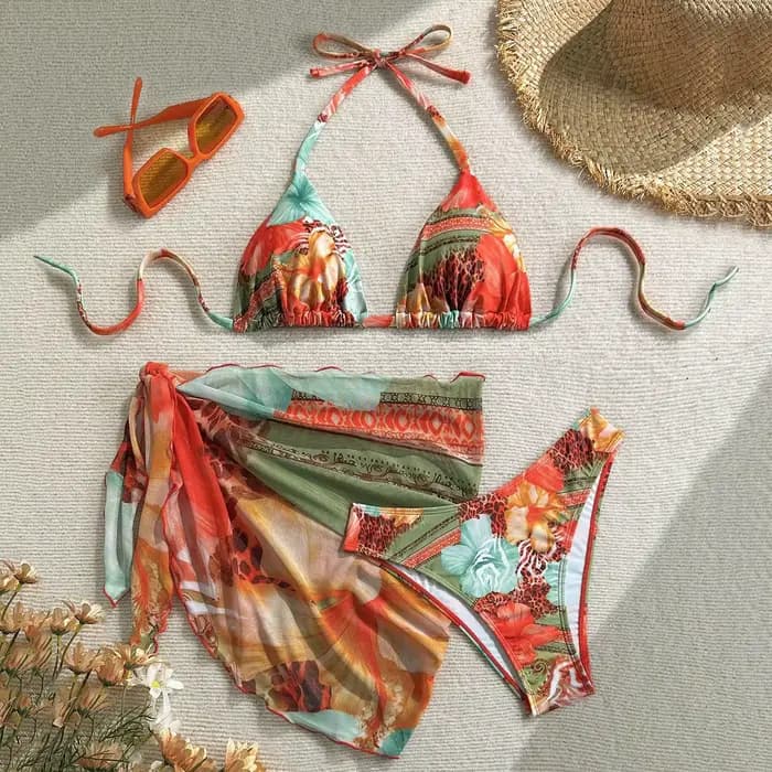 Maillot de bain imprimé fleur Orange, col licou, Triangle, ensemble 3 pièces, Cover-Up, Sexy, pour f