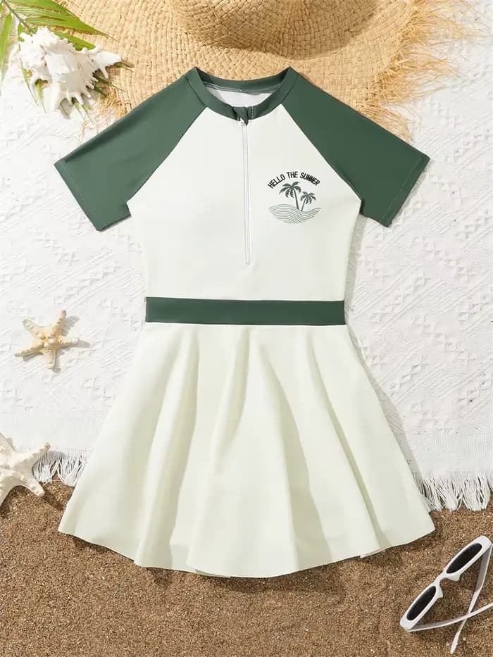 Enfants maillot de bain filles 2026 nouveau solide manches courtes robe longue fermeture éclair mail