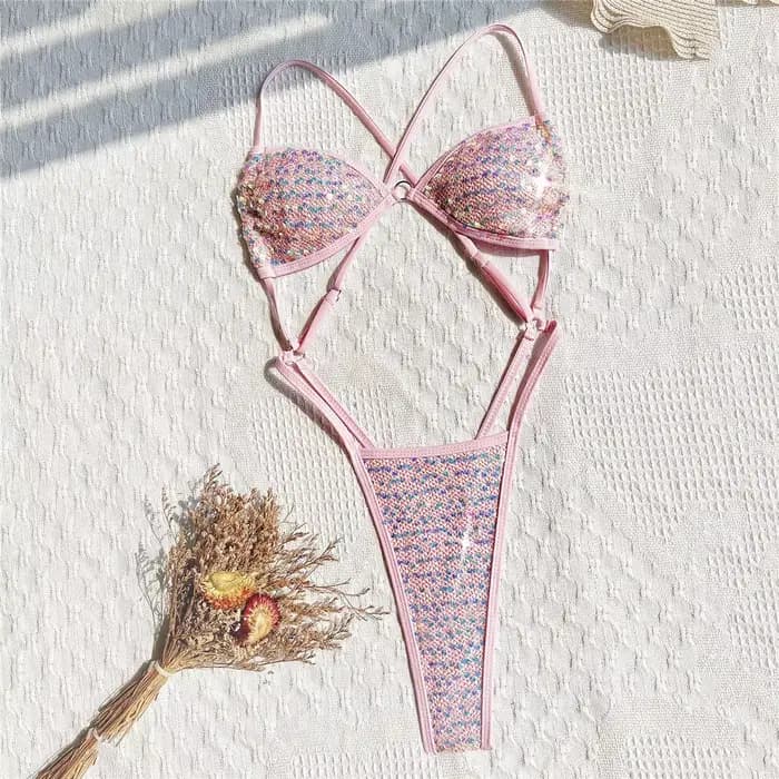 Maillot de bain micro bikini rose à sequins brillants, sexy, une pièce, pour femme, 2026, dos nu, mo