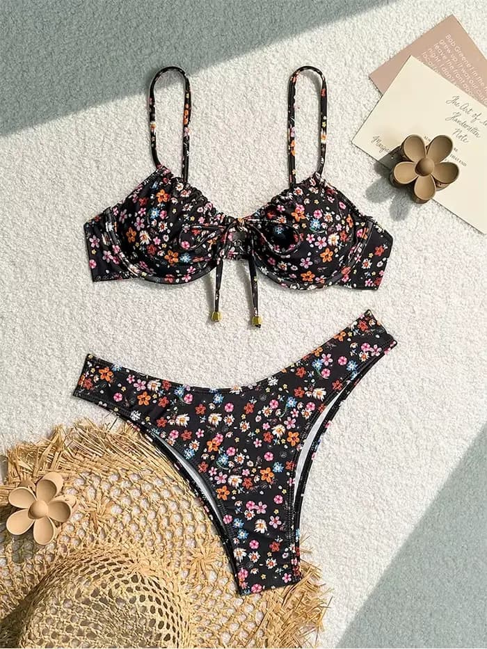 Maillot de bain deux pièces sexy pour femme, dos nu, motif floral, design évidé, bretelles croisées,