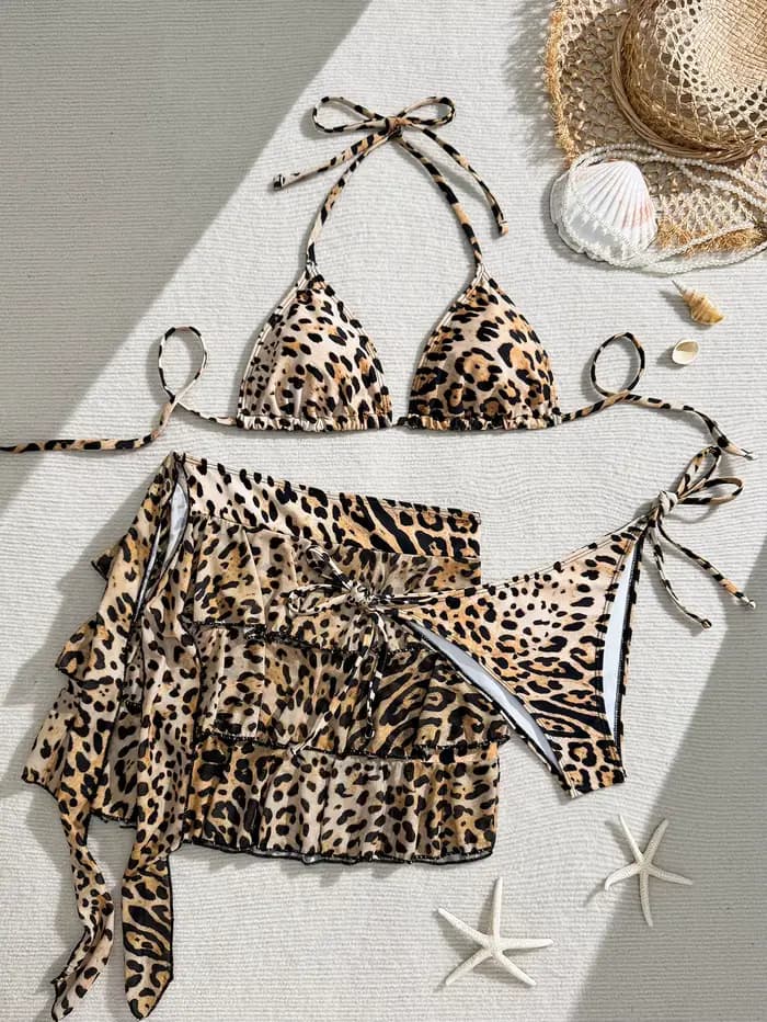Maillot de bain sexy imprimé léopard pour femmes, bikini à lacets, trois pièces, jupe de plage, vête