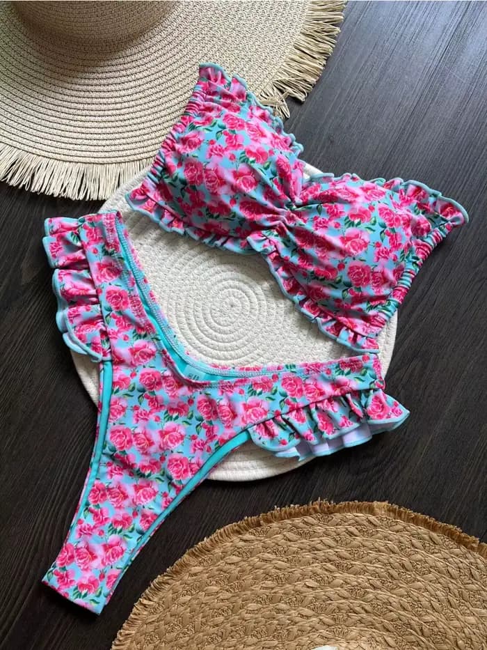 Maillot de bain 2 pièces imprimé fleuri à volants, sexy, triangle, sans bretelles, dos nu, culotte t