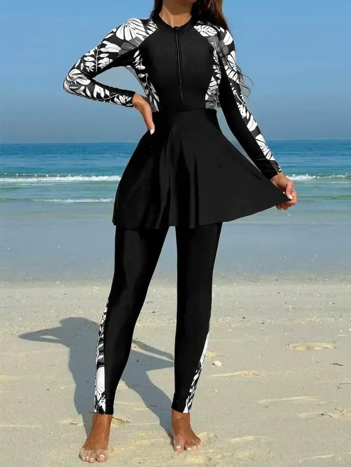 Burkini Femme Maillot de Bain Manches Longues Tunique Noire Legging Complet Fermeture Éclair Avant P