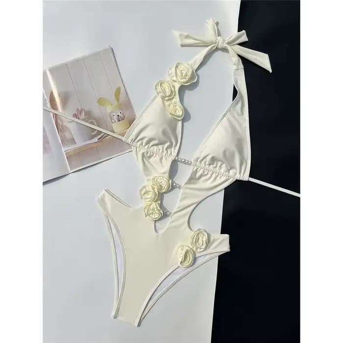 Maillot de bain rose rouge, maillot de bain 3D à fleurs, décolleté plongeant, maillot de bain une pi