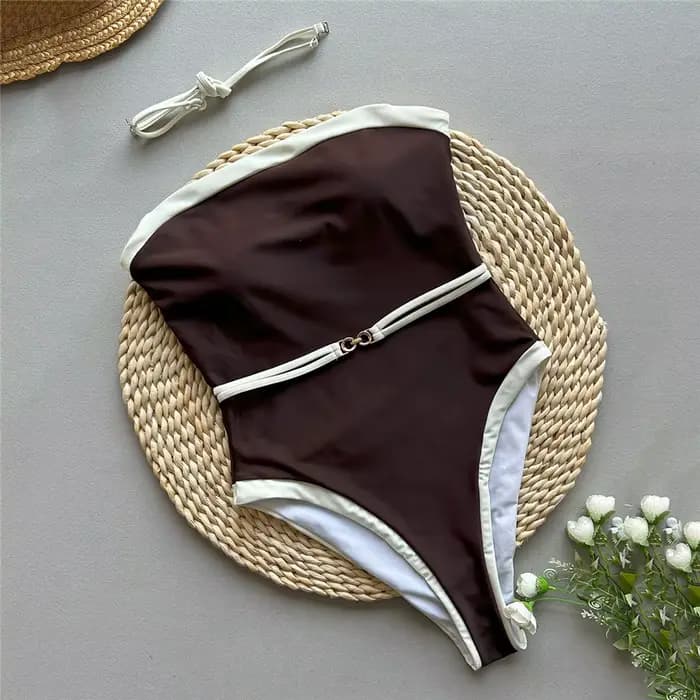 Maillot de bain sexy sans bretelles marron pour femmes, maillot de bain une pièce 2026, bord blanc, 
