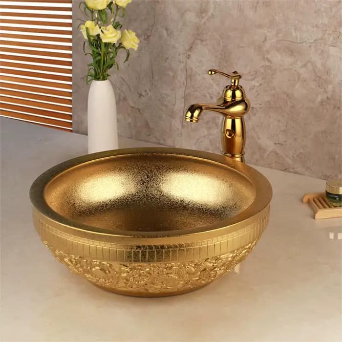 EllMAIDI-Évier de Luxe en Céramique Dorée, en Porcelaine, au-dessus du Comptoir, pour Salle de Bain
