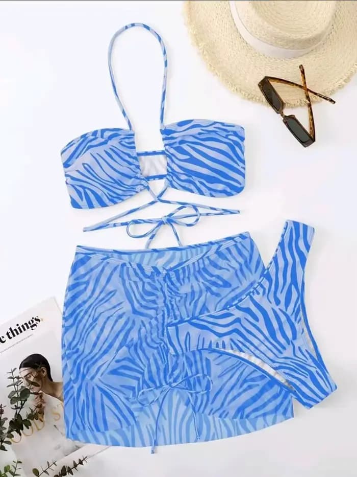 Ensemble de 3 bikinis à rayures zébrées pour femmes, maillot de bain à lacets, jupe de plage, maillo