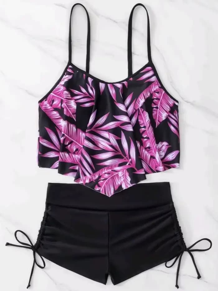 2026 Ensemble de bikini à volants et à bretelles, maillot de bain taille haute pour femme avec cordo