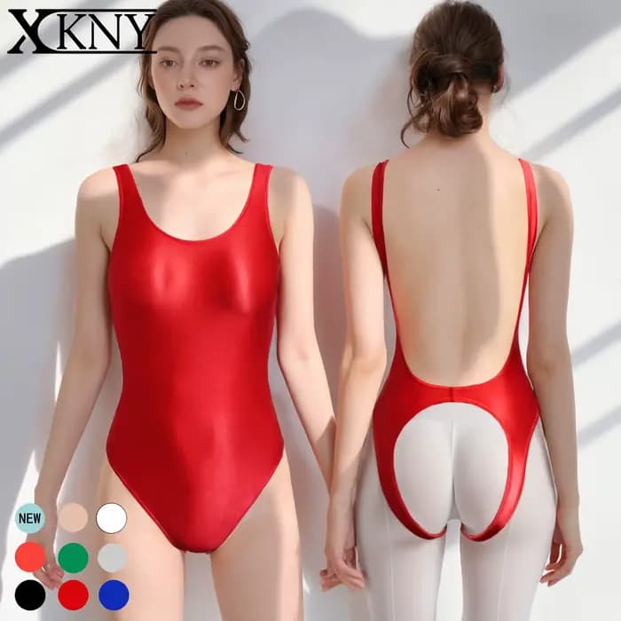Maillot de bain une pièce masqué, sexy, serré, haute élasticité, huileux, brillant, couleur unie, en