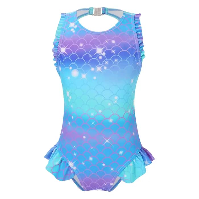 Maillot de bain sirène pour enfants filles, sans manches, imprimé écailles de poisson, à volants, co
