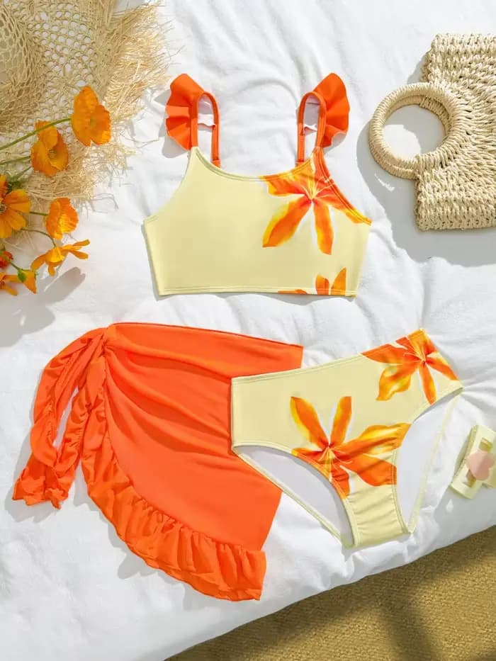 Maillot de bain bikini pour filles, nouvelle collection 2026, motif fleurs orange, volants, bretelle