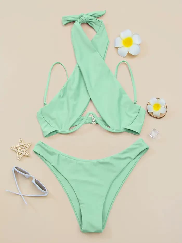 Bikini à bretelles croisées avec armatures 2026 Maillot de bain femme uni Push-up Maillot de bain fé