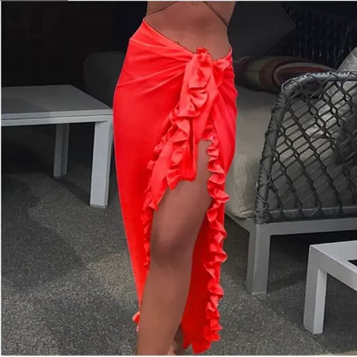 Robe de plage longue en mousseline de soie transparente pour femme, avec volants, couleur unie, prot