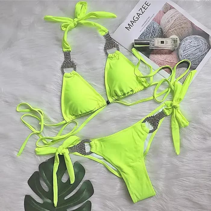 Maillot de bain vert néon pour femmes, bikini dos nu diamant, ensemble deux pièces, culotte taille b