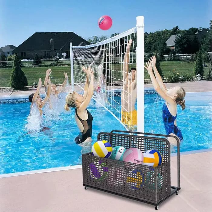 Mir de rangement pour flotteurs au bord de la piscine, caddie de piscine extérieur en rotin PE avec 