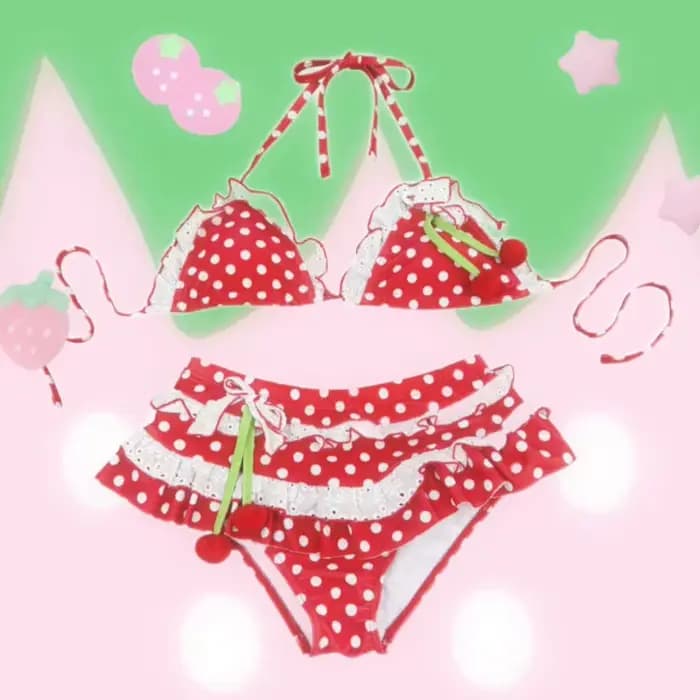 Ensemble bikini à volants Cherry Charm pour femme 2026, maillot de bain trois pièces à col halter, i