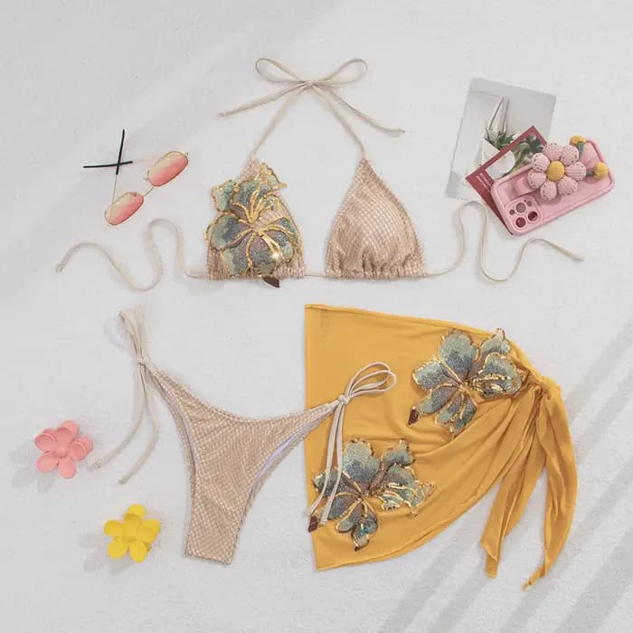Applique taille basse Sexy 3 pièces ensemble de Bikini-maillot de bain de vacances à la plage pour f