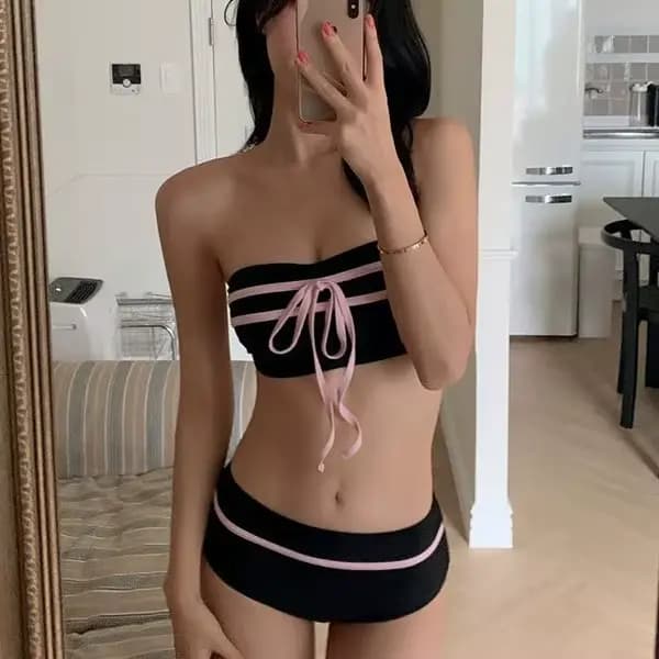 Maillot de bain deux pièces pour fille, style débardeur, couleur contrastante, taille haute, pour le