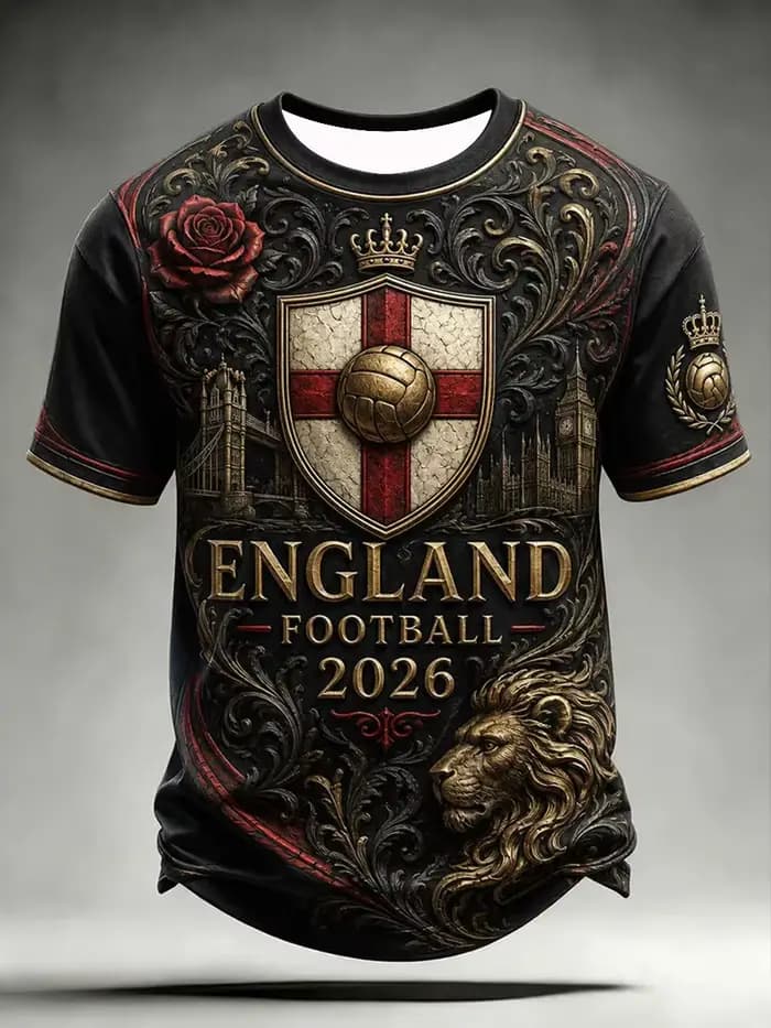 Maillot de football d'Angleterre blanc avec détails bleu marine et rouge, col en V, poignets à motif