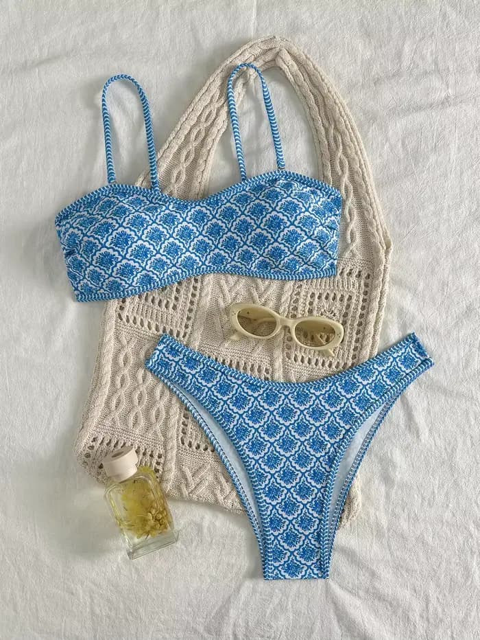 Bikini Bandeau Sexy 2026 Femme Vert Floral Plissé Push-Up Rembourré String Maillot de Bain Été Deux 