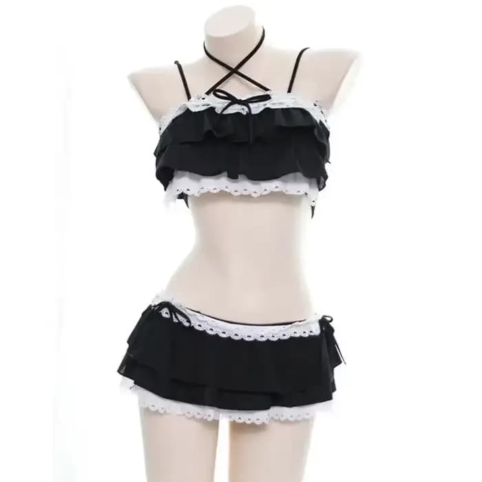 Mignon filles Lolita à volants Bikini Sukumizu Cosplay couleur rose et noir maillot de bain évidé mu