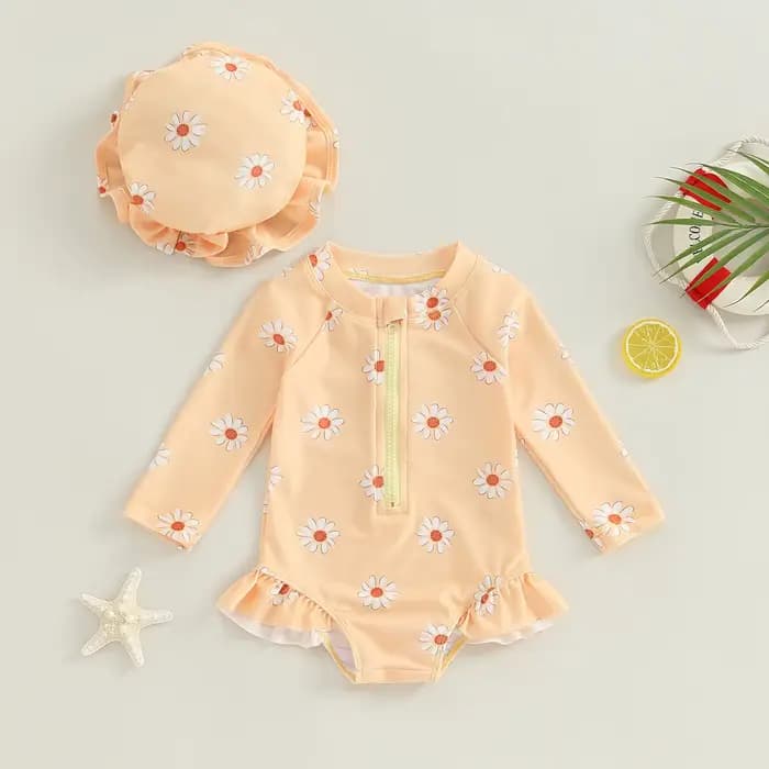 Maillot de bain à manches longues pour bébé fille, avec chapeau, imprimé floral, fermeture éclair, b