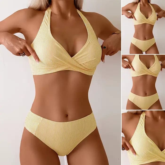 Haut de bikini rayé sexy pour femme avec bretelles à nouer, maillot de bain tendance en polyester po