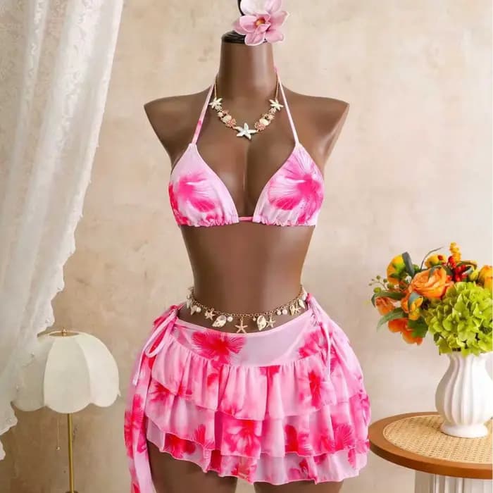 Ensemble bikini 3 pièces pour femme à imprimé hibiscus avec jupe à volants en maille, haut triangle 
