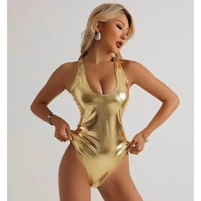 Maillot de bain une pièce sexy en cuir doré 2026 pour femme, brillant, rembourré, pour la plage, mai