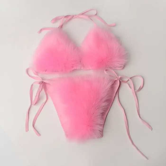 Été femmes fausse fourrure de renard Sexy licou couleur unie Bikini ensemble maillots de bain Triang
