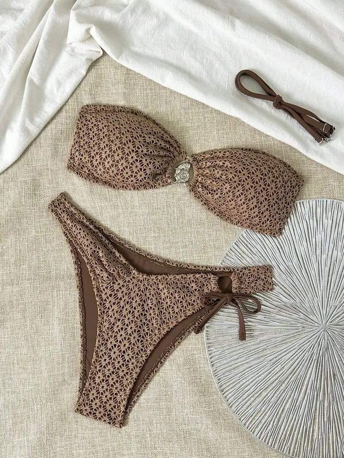 Ensemble bikini bandeau sexy pour femme, marron, avec chaîne métallique, soutien-gorge push-up et st