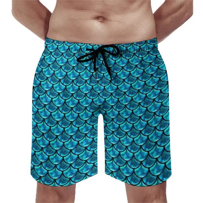 Short de planche imprimé sirènes pour homme, maillot de bain, bleu, écailles de poisson, trench cour