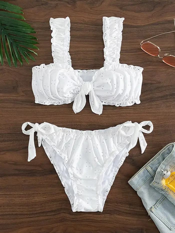 Maillot de bain blanc 2026 pour femme, style bikini avec nœud sur le devant et liens latéraux, sexy,