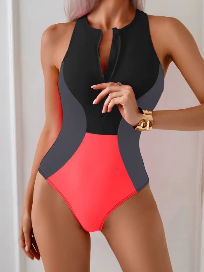 Maillot de bain une pièce avec fermeture éclair, couleur épissé, pour femmes, maillot de bain de Spo