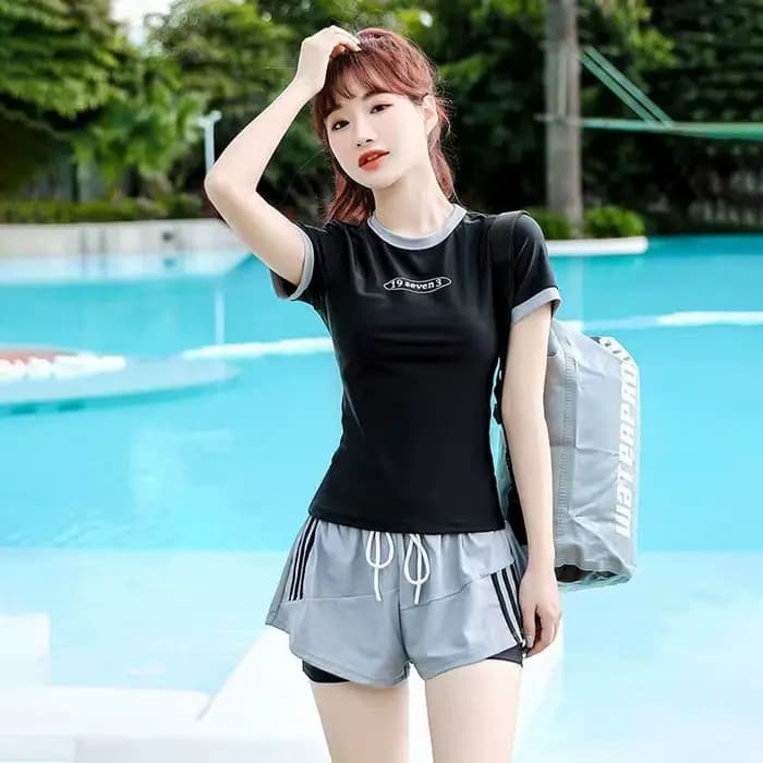 Ensemble de maillot de bain deux pièces pour femmes, avec manches courtes et short à cordon de serra