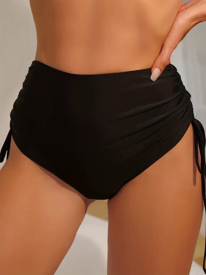 Bas de bikini noir taille haute pour femme, triangle à nouer, ajustable, sexy, amincissant, maillot 