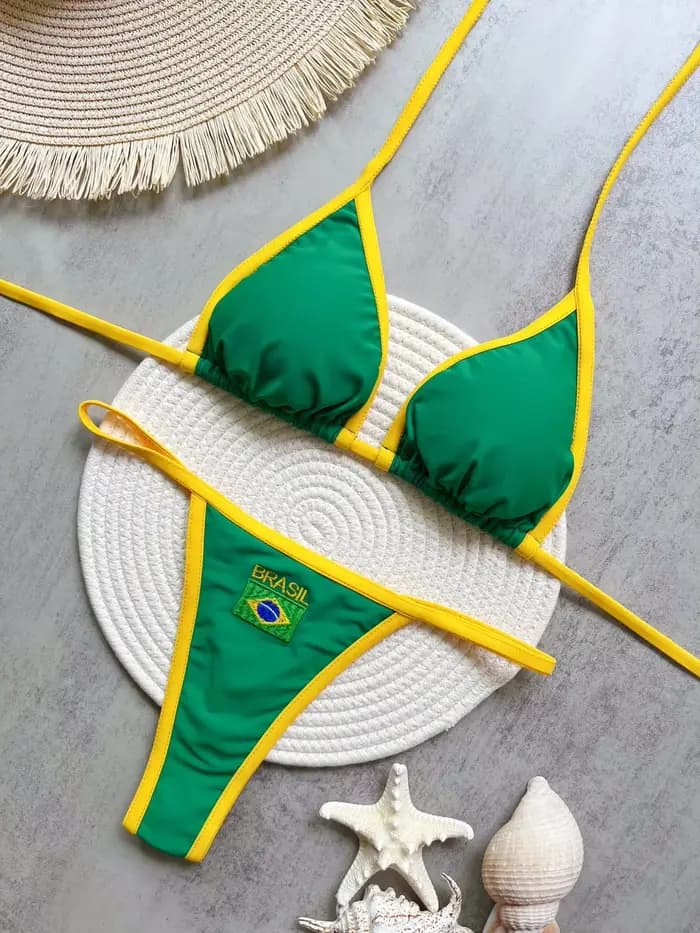 Broderie drapeau du brésil contraste fendu Bikini ensemble femmes maillots de bain Patchwork maillot