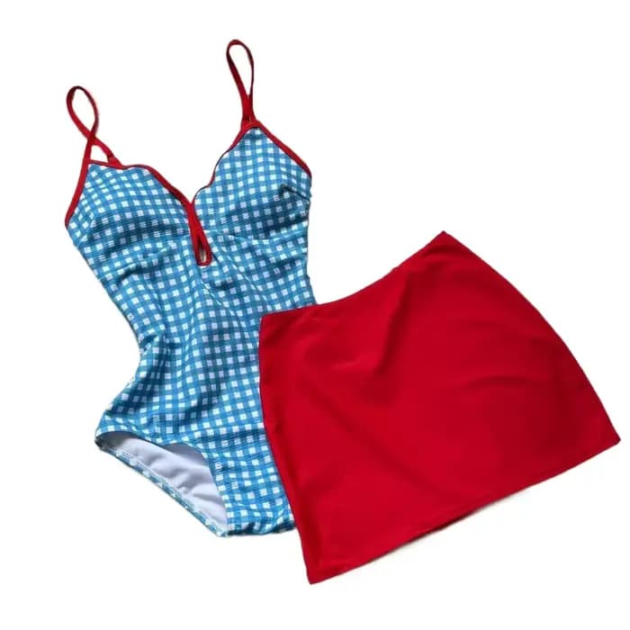 Maillot de bain amincissant à carreaux avec jupe à bords festonnés et dos nu, ensemble bikini bleu f