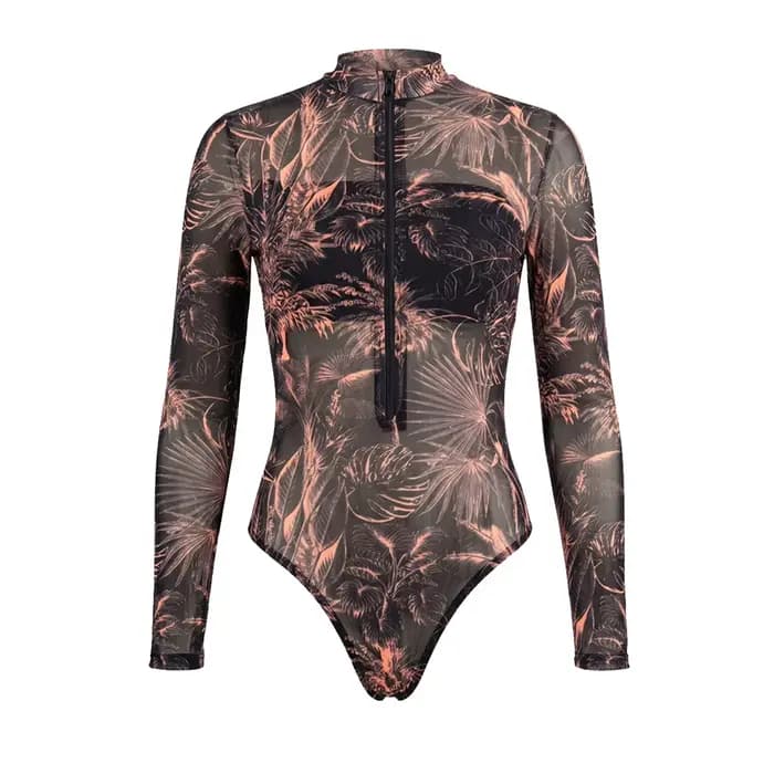 Maillot de bain une pièce pour femmes, maillot de bain imprimé feuilles, manches longues avec fermet