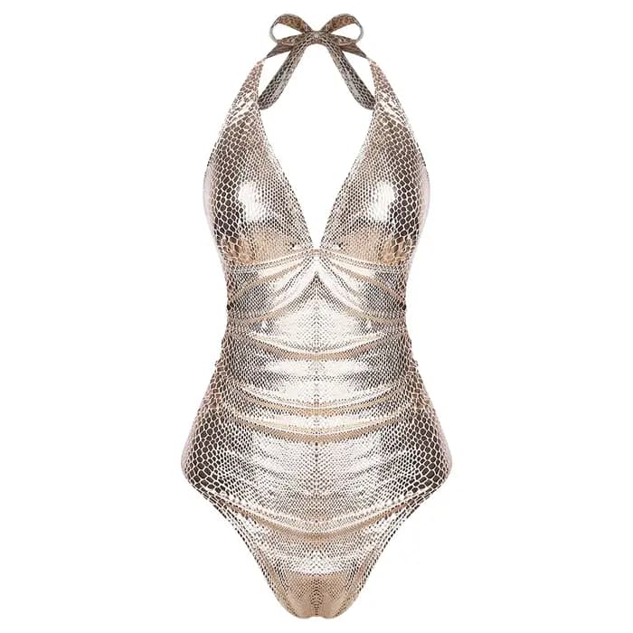 Maillot de bain une pièce brillant pour femme, motif serpent métallisé, dos nu, col en V, à lacets