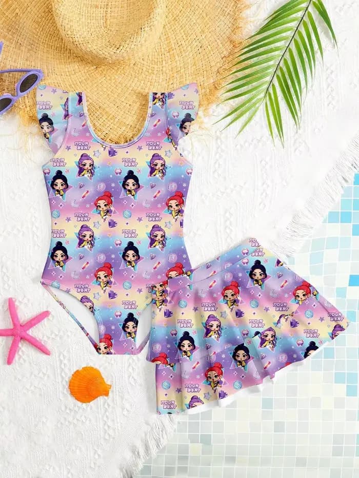 Maillot de bain imprimé dessin animé pour filles – Maillot de bain une pièce 2-en-1 avec bas de mail