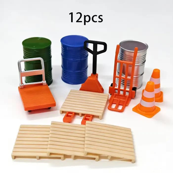 12 accessoires miniatures pour scènes logistiques : mini-chariot à main / chariot élévateur / baril 
