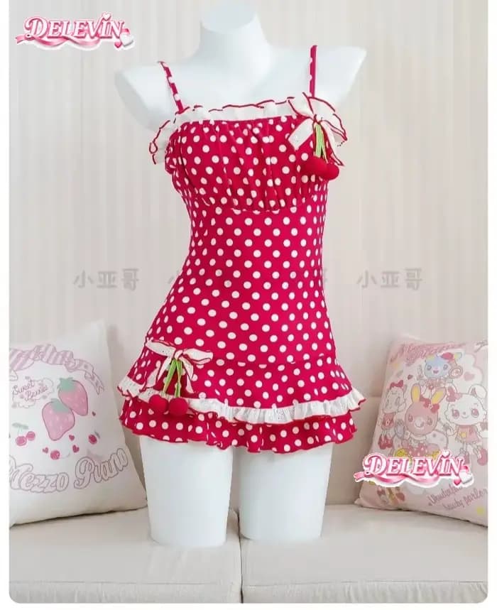 Nouveau Maillot de Bain Sexy pour Femme, Style Lolita Mignon, Imprimé à Pois, à Bretelles, avec Nœud