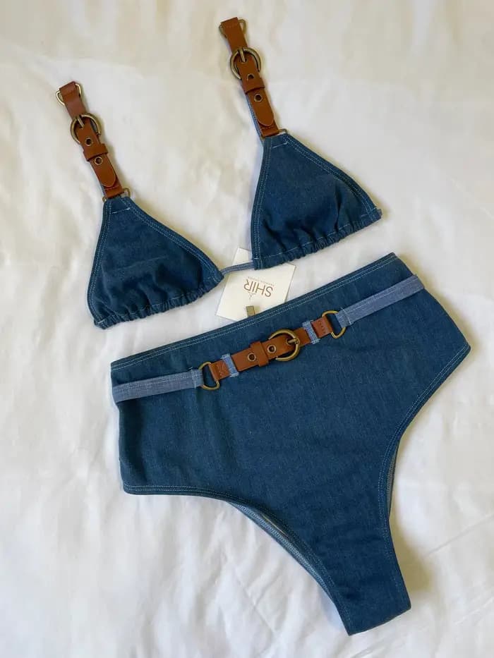 2025 Ensemble bikini en jean style cow-girl avec bretelles en cuir boucles en métal parfait pour les