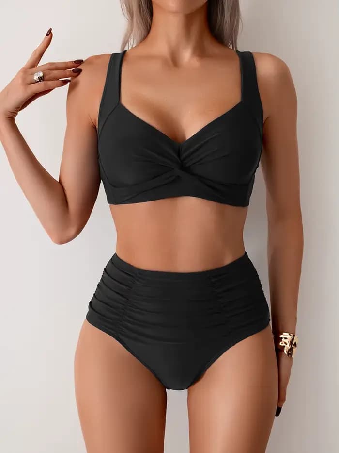 Maillot de bain noir deux pièces pour femmes, sexy, plissé croisé, push up, rembourré, ensemble biki