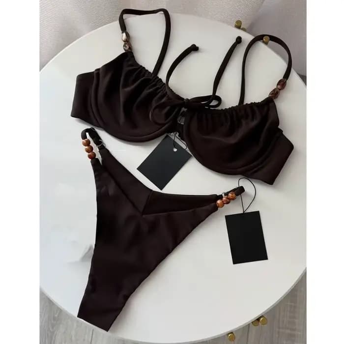 Nouveau maillot de bain sexy marron à lacets au dos, décoré de perles, pour femme, motif à pois, tai