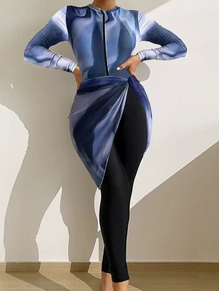 Maillot de bain Burkini modeste musulman, imprimé fluide dégradé, 3 pièces, jupe en gaze, protection