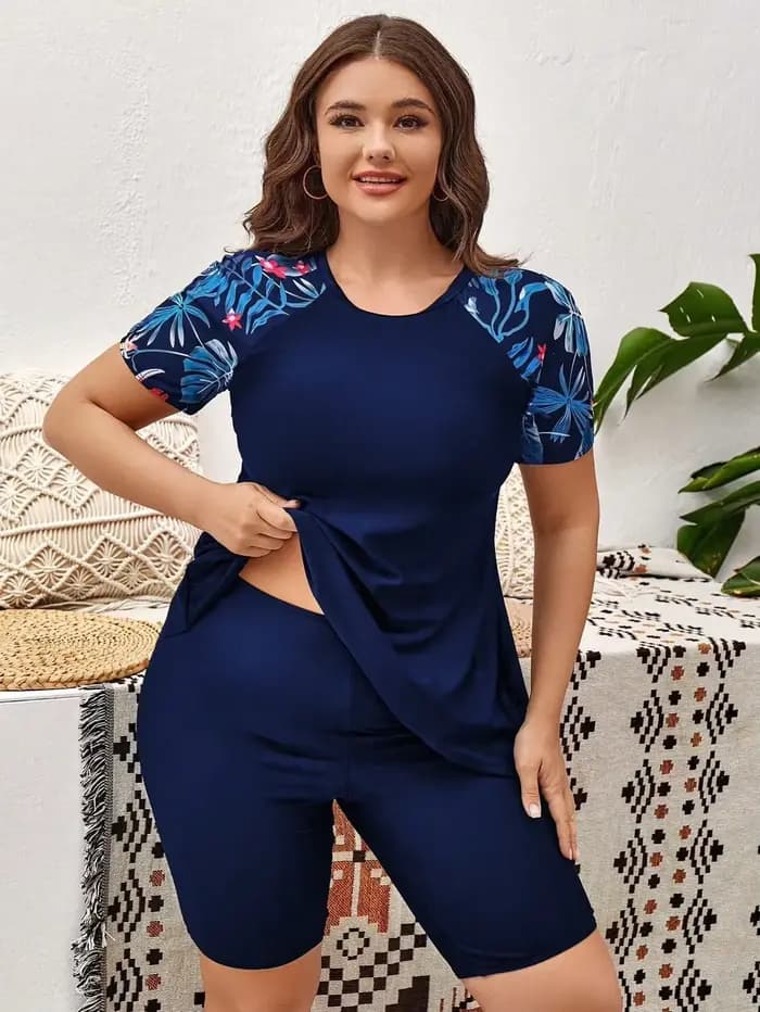 Maillots de bain grande taille 4XL Tankini maillot de bain deux pièces taille haute manches courtes 