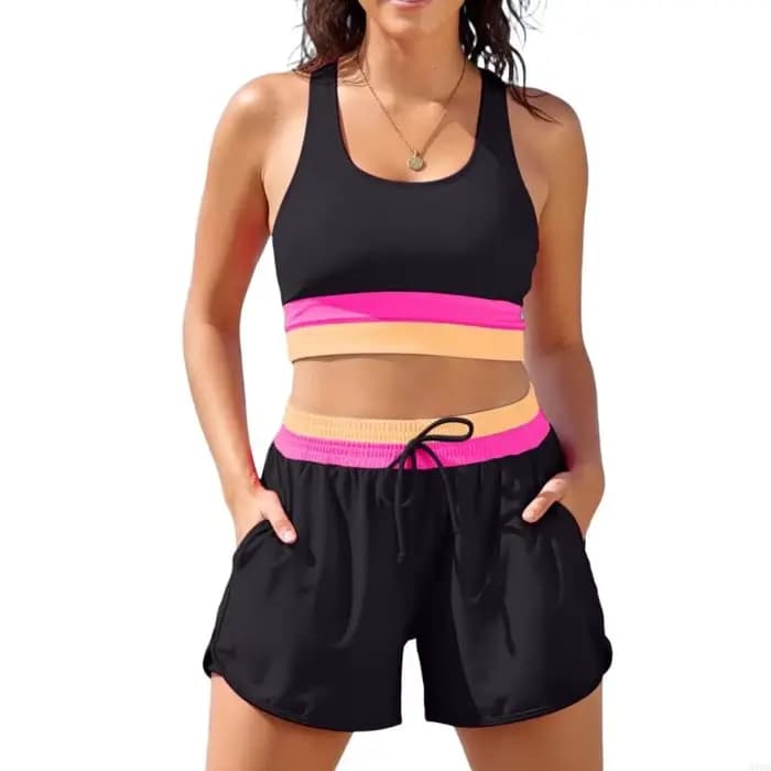 Ensemble short bain élégant deux pièces, maillot bain Flexible, Texture Polyester, taille haute, ada